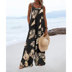 Black Palm Leaves Sleeveless Suspender Jumpsuit